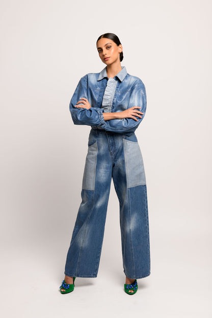 Waxed coated denim jacket, cropped fit, balloon sleeves, ruffled placket